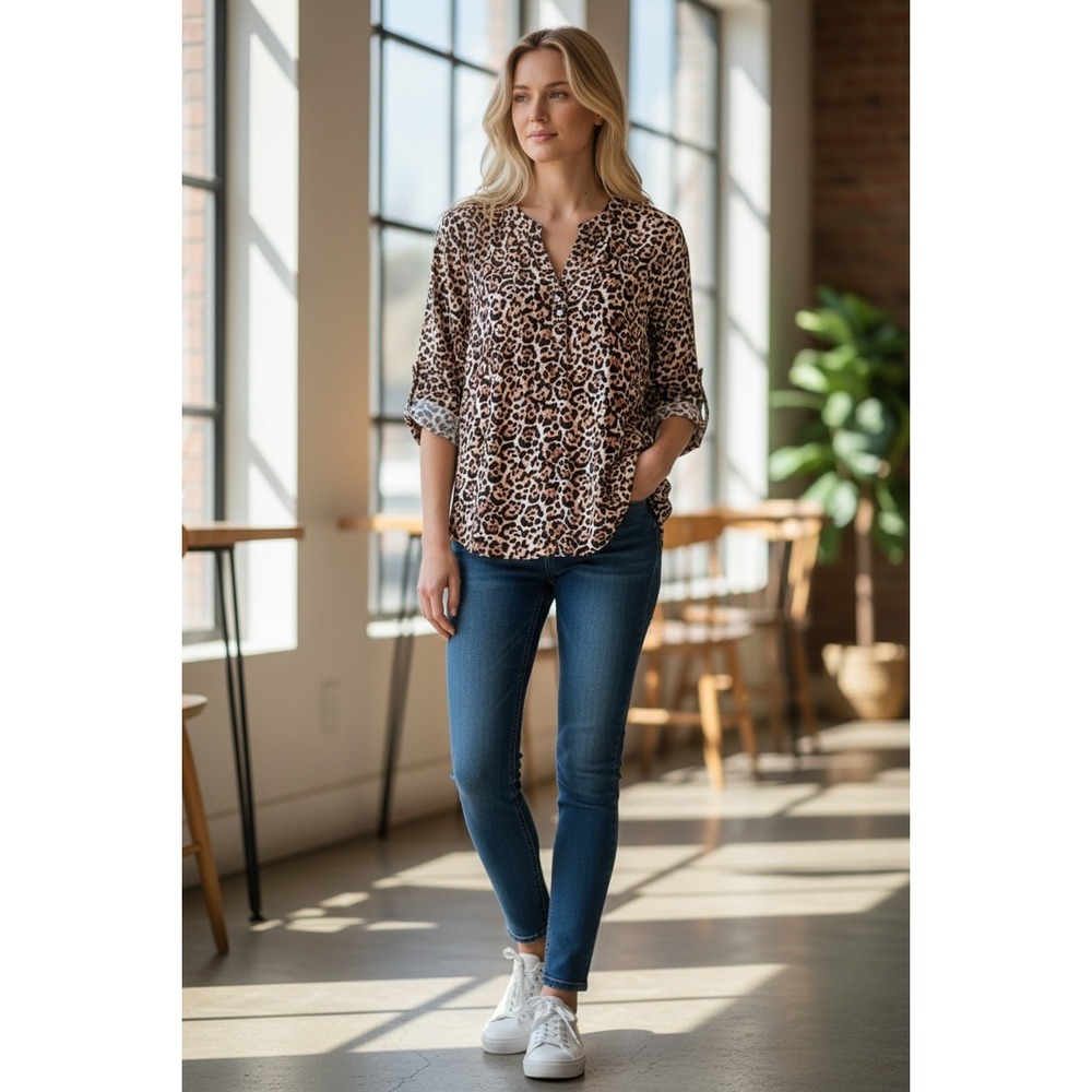 NY Collection Leopard Print‎ Roll Tab Sleeve Henley Blouse ITB2147 Brown Large